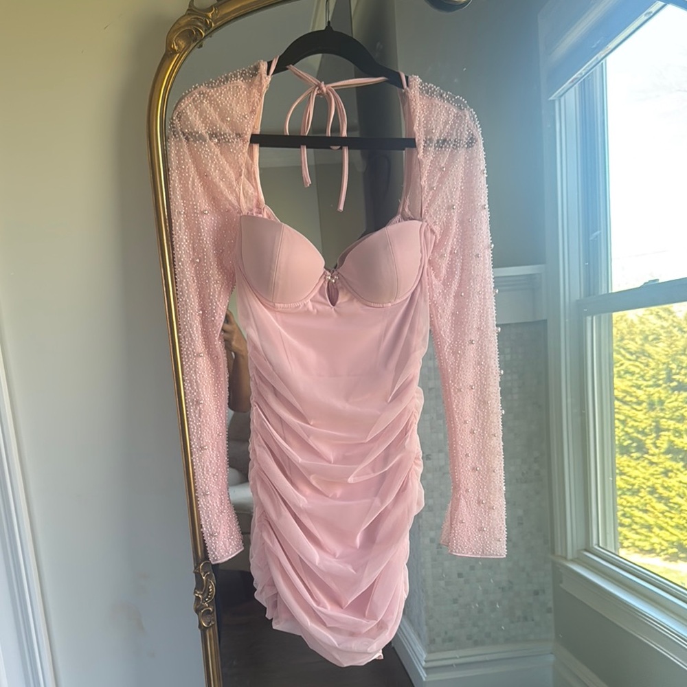 Oh Polly Pink Ruched Dress with Sheer Sleeves